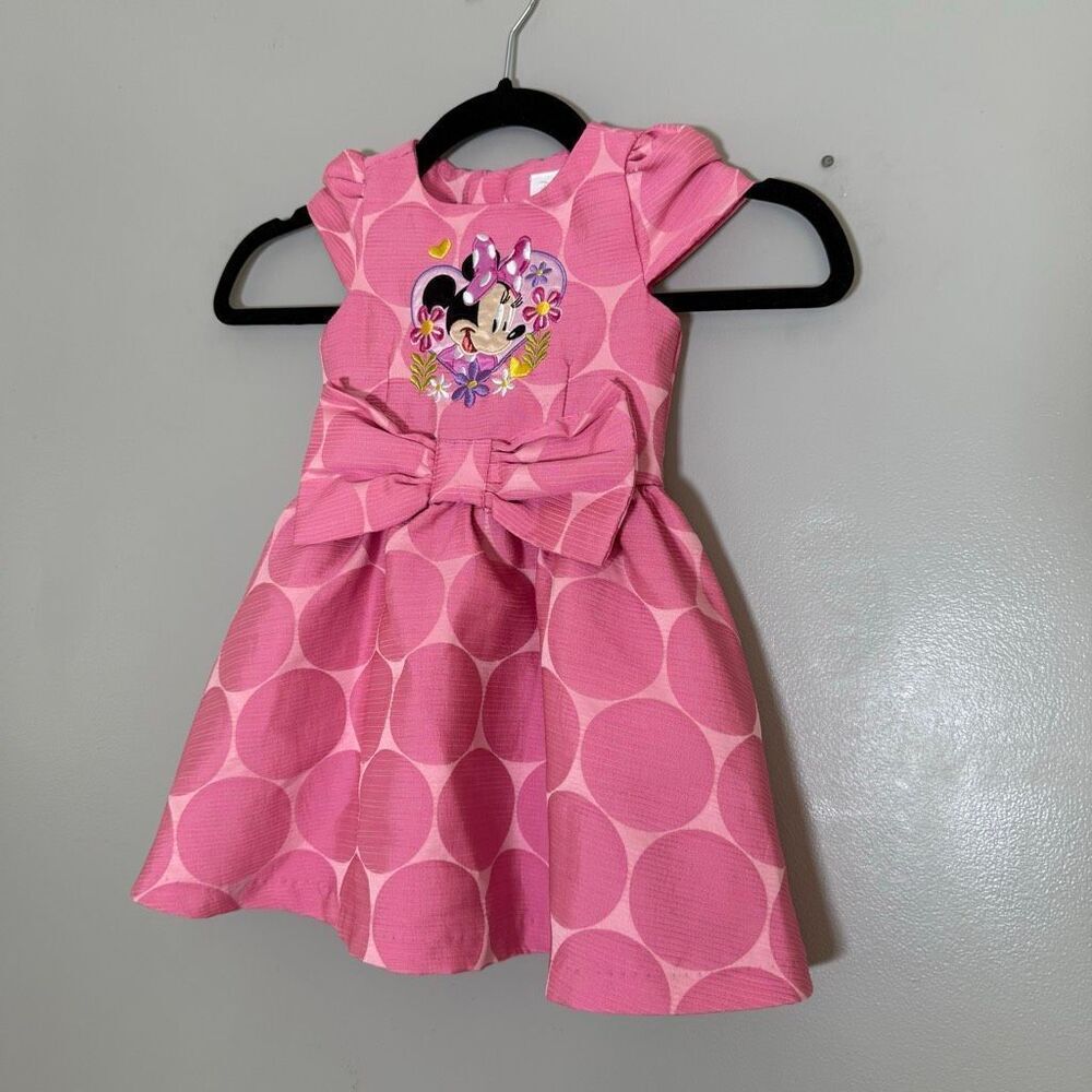 Disney Minnie Mouse Pink Pleated Toddler Polka Dot Dress W/ Bow